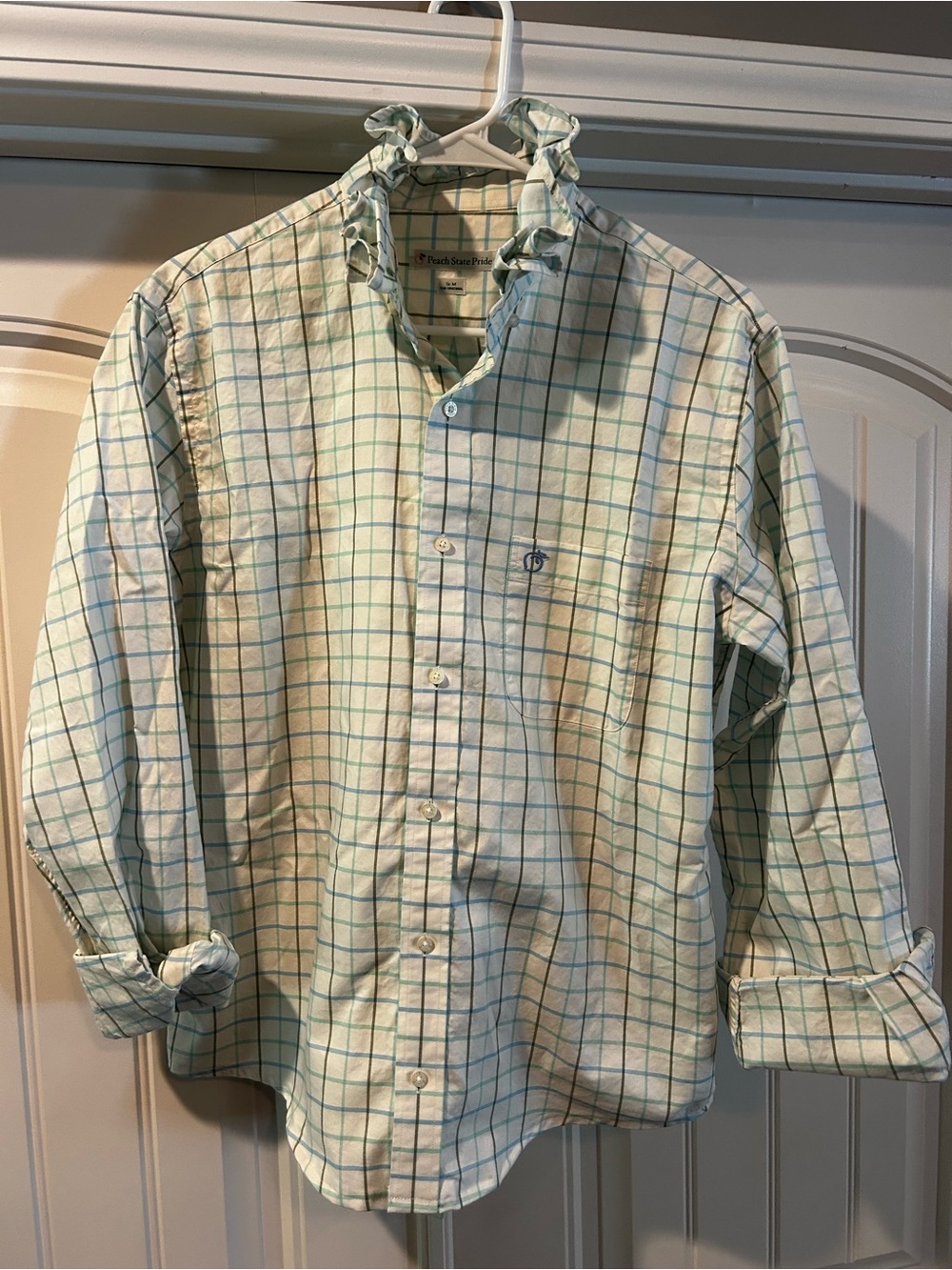 Men's Medium Peach State Pride Ruffled Collar Windowpane Button-Down Shirt